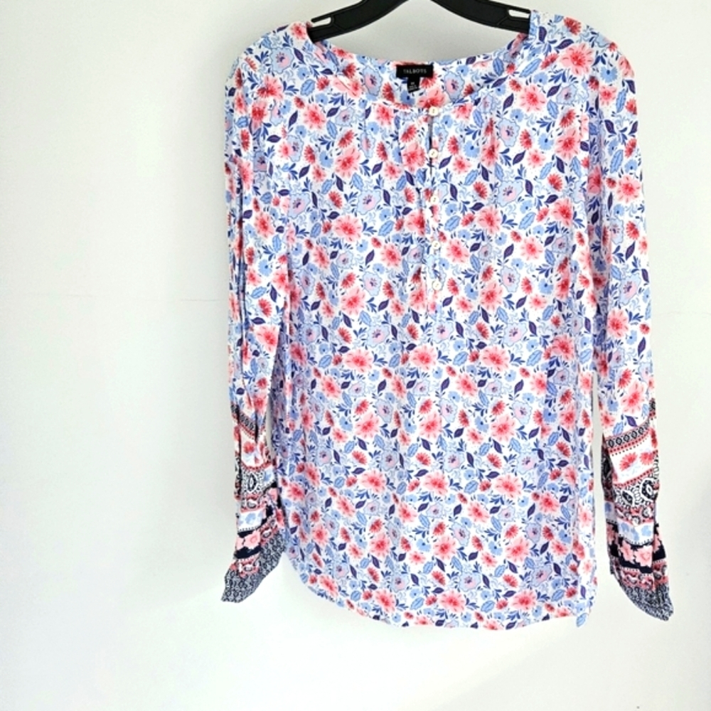 Talbots Floral Long Sleeve Blouse Red White Blue